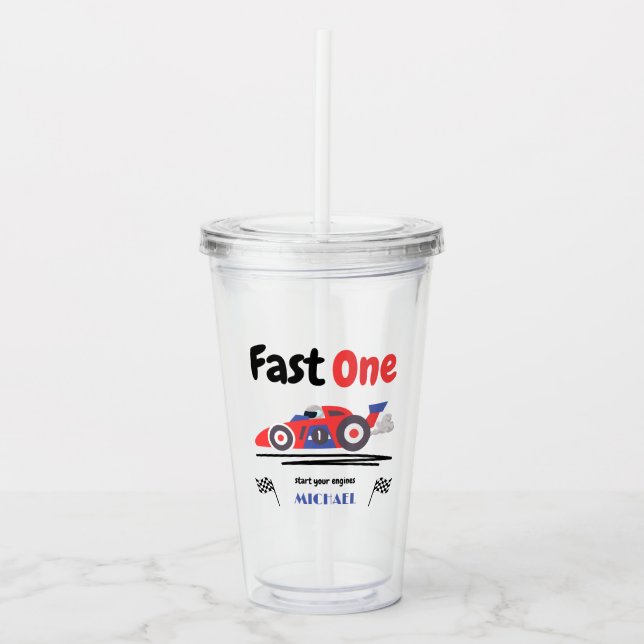 1st Birthday Fast One Red Blue Race Car Acrylic Tumbler (Front)