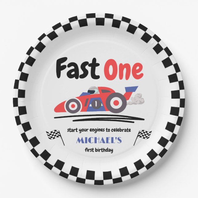 1st Birthday Fast One Red Blue Race Car Paper Plate (Front)