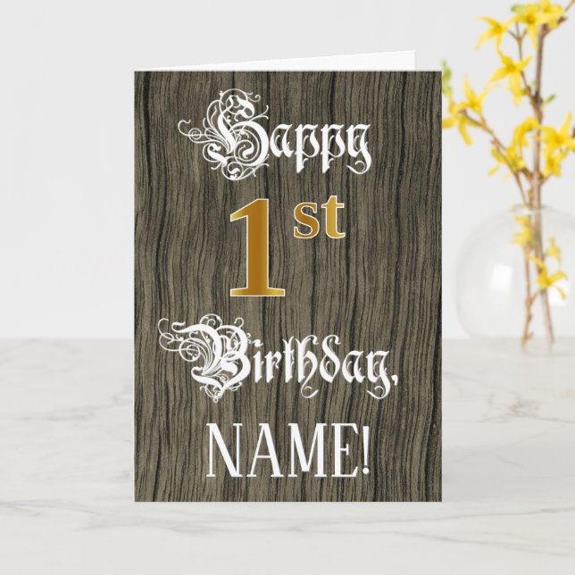 1st Birthday: Faux Gold Look + Faux Wood Pattern Card (Yellow Flower)
