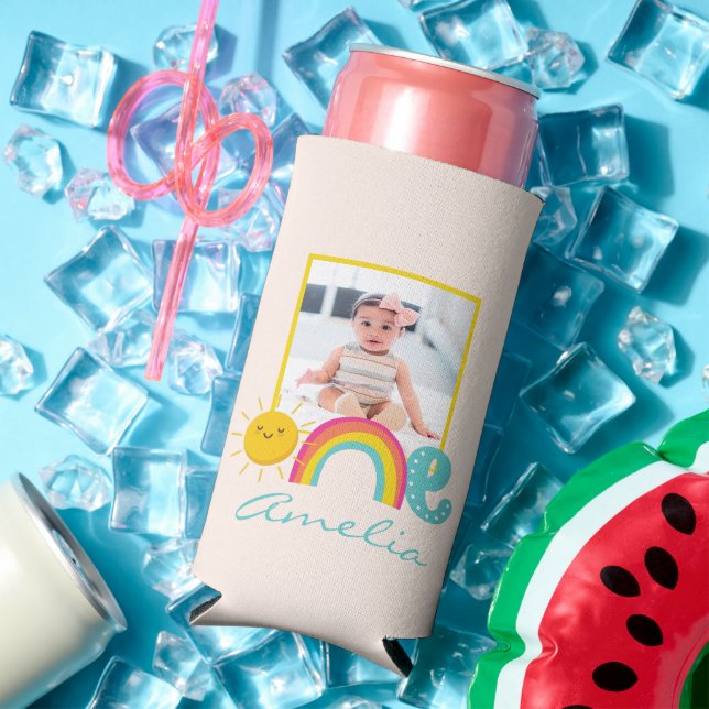 1st Birthday Favour Custom Photo & Name Rainbow On Seltzer Can Cooler (In Situ Summer)