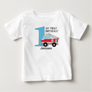 1st Birthday Fire Truck Blue/Red Baby T-Shirt