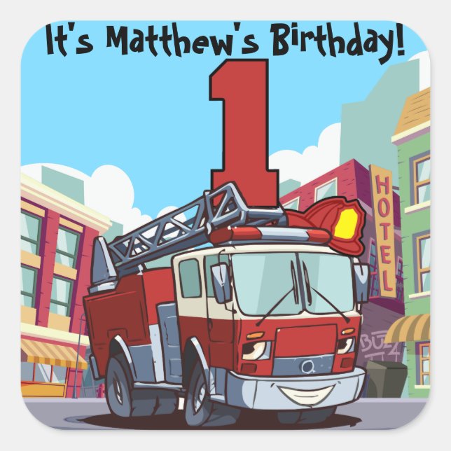 1st Birthday Fire Truck Square Sticker (Front)