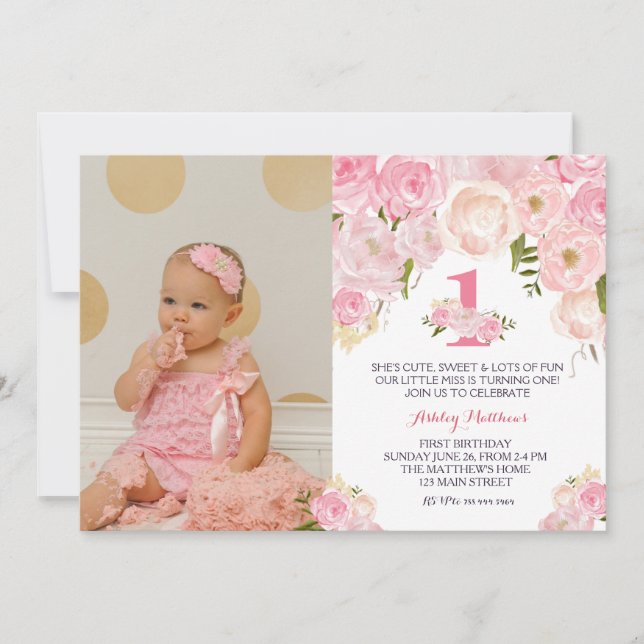 1ST birthday  FIRST Beautiful Floral Invitation, I Invitation (Front)