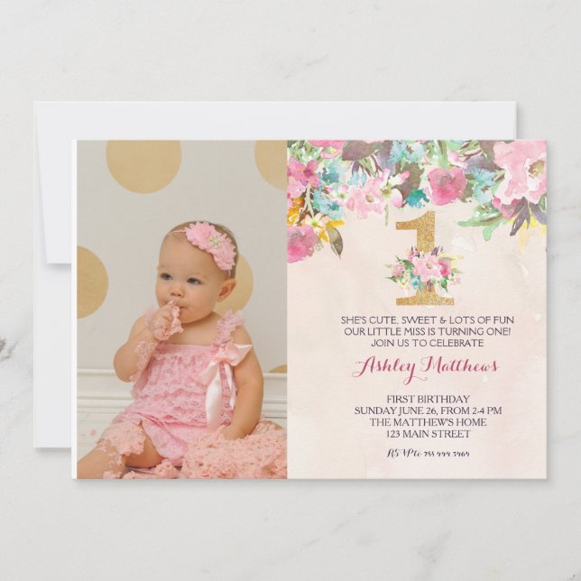 1ST birthday  FIRST Beautiful Floral Invitation, Invitation (Front)