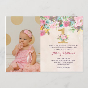 1ST birthday FIRST Beautiful Floral Invitation, Invitation