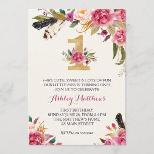 1ST birthday  FIRST Beautiful Floral Invitation, Invitation