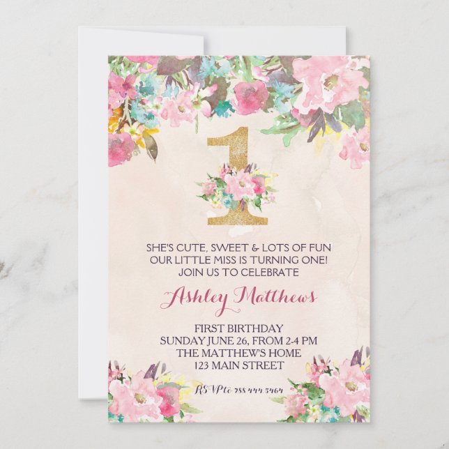 1ST birthday  FIRST Beautiful Floral Invitation, Invitation (Front)