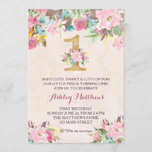 1ST birthday  FIRST Beautiful Floral Invitation, Invitation