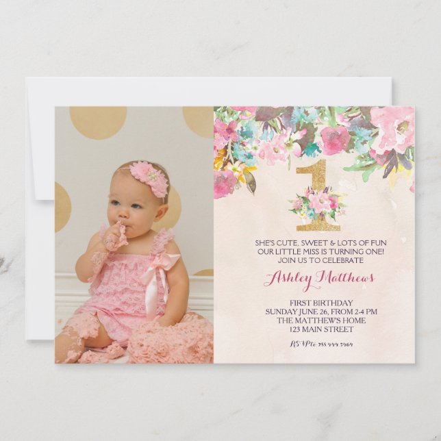 1ST birthday  FIRST Beautiful Floral Invitation, Invitation (Front)