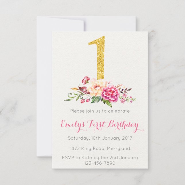 1st Birthday First Pink Gold Floral Invitation (Front)