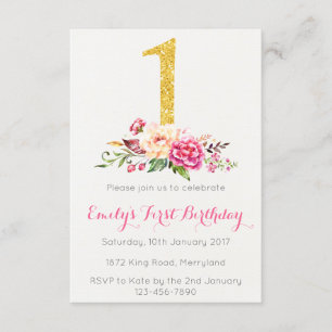 1st Birthday First Pink Gold Floral Invitation