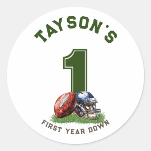 1st Birthday First Year Down American Football Classic Round Sticker