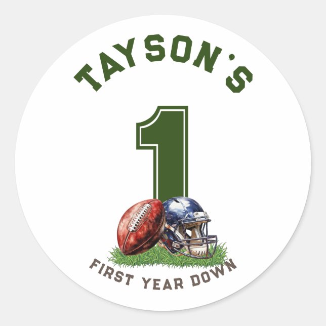 1st Birthday First Year Down American Football Classic Round Sticker (Front)