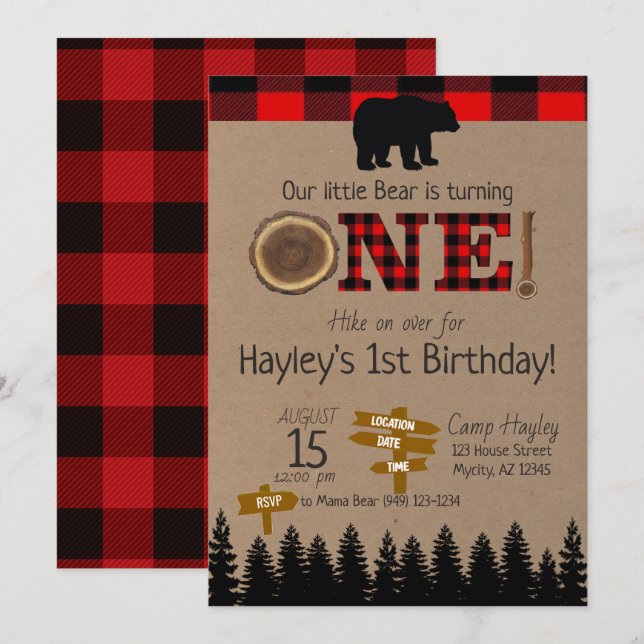 1st Birthday Flannel Little Bear Theme Birthday Invitation (Front/Back)