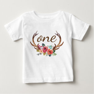 1st Birthday Floral Deer Horn Personalised-10 Baby T-Shirt