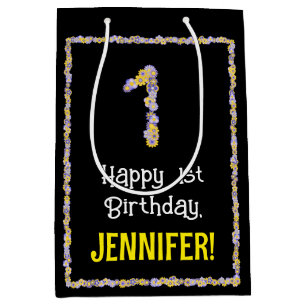 1st Birthday: Floral Flowers Number, Custom Name Medium Gift Bag