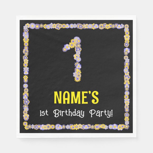 1st Birthday: Floral Flowers Number, Custom Name Napkin (Front)