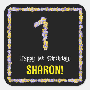 1st Birthday: Floral Flowers Number, Custom Name Square Sticker