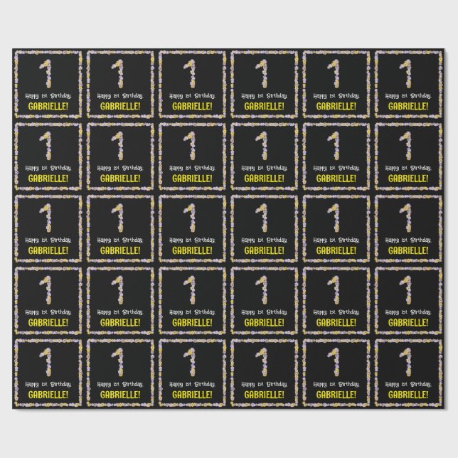 1st Birthday: Floral Flowers Number, Custom Name Wrapping Paper (Flat)