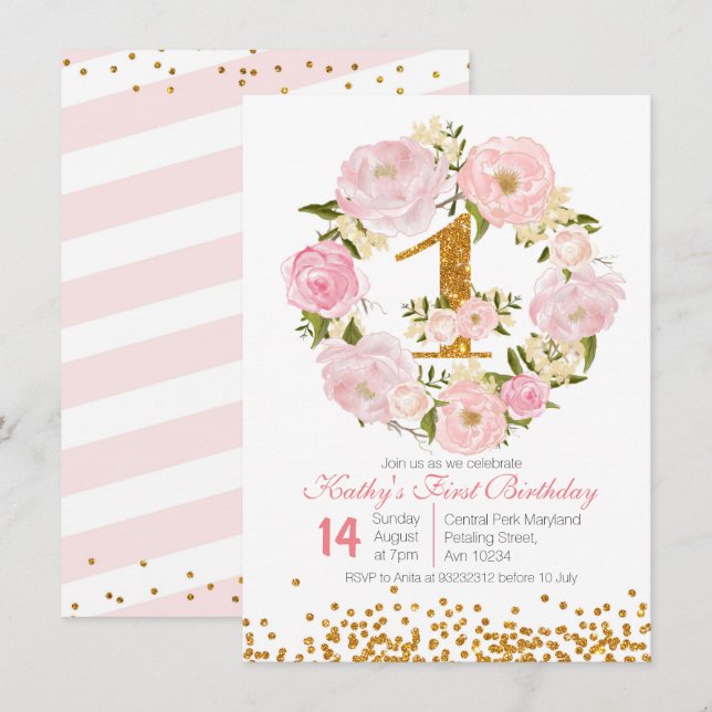 1st Birthday Floral girl Invitation Card (Front/Back)
