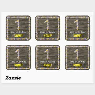 1st Birthday: Floral Number, Faux Wood Look, Name Square Sticker
