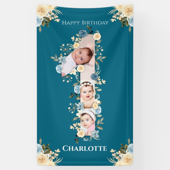 1st Birthday Flower Teal Photo Collage Blue Yellow Banner (Vertical)