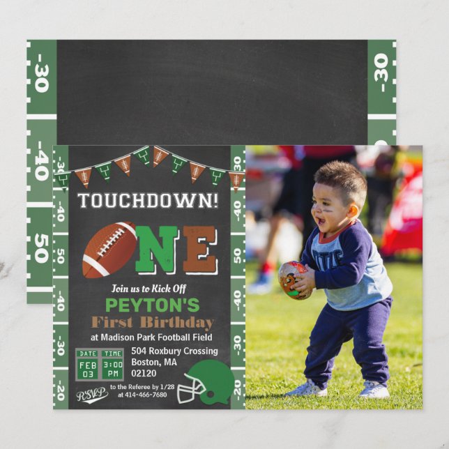1st Birthday Football Party Chalkboard Invitation (Front/Back)