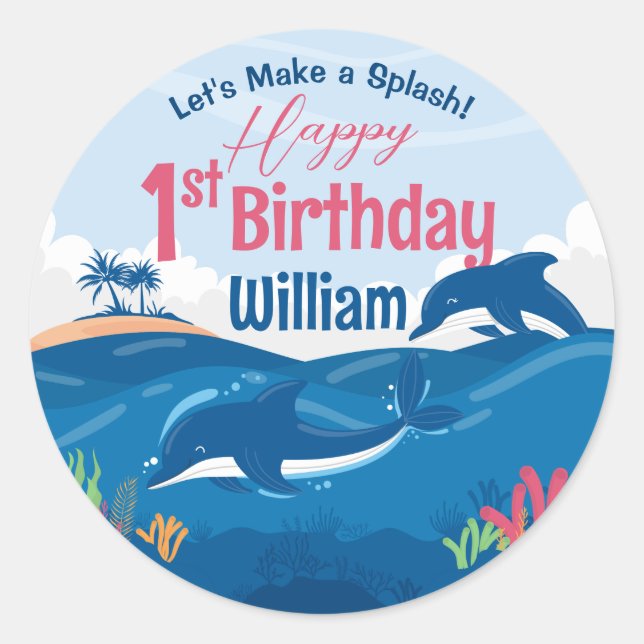 1st Birthday Fun and Colourful Dolphins Celebratio Classic Round Sticker (Front)