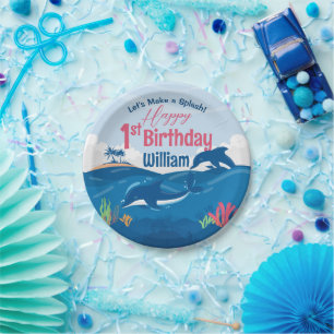 1st Birthday Fun and Colourful Dolphins Celebratio Paper Plate