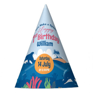 1st Birthday Fun and Colourful Dolphins Celebratio Party Hat