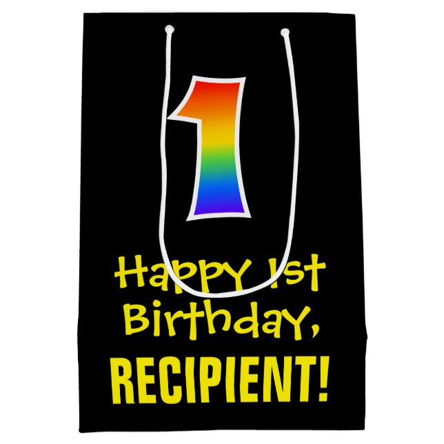 1st Birthday: Fun, Bold, Colourful, Rainbow "1" Medium Gift Bag (Back)