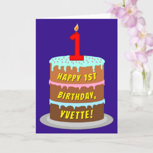 1st Birthday: Fun Cake and Candle + Custom Name Card