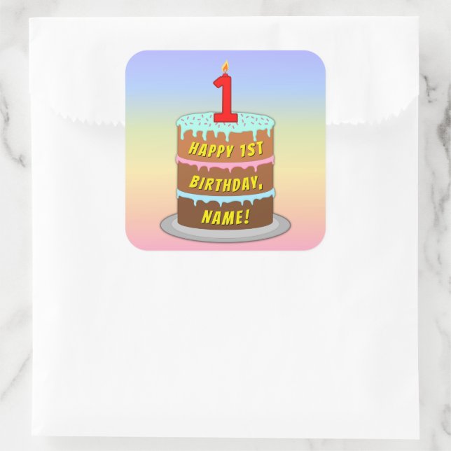 1st Birthday: Fun Cake and Candle + Custom Name Square Sticker (Bag)