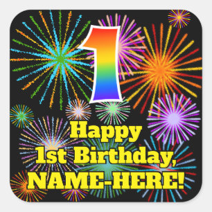 1st Birthday: Fun Fireworks Look, Rainbow # 1 Square Sticker