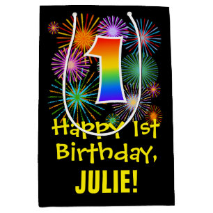 1st Birthday: Fun Fireworks Pattern + Rainbow 1 Medium Gift Bag