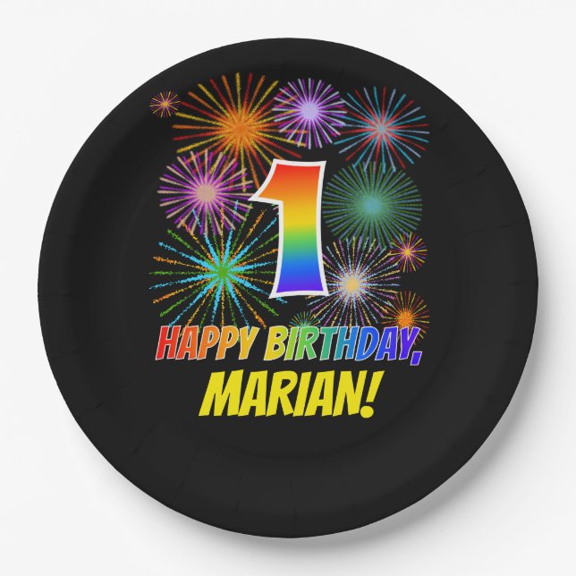 1st Birthday: Fun Fireworks Pattern + Rainbow 1 Paper Plate (Front)