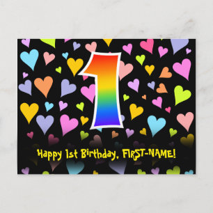 1st Birthday: Fun Hearts Pattern, Rainbow 1 Postcard