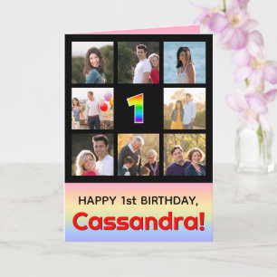 1st Birthday: Fun Rainbow #, Custom Photos + Name Card