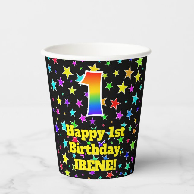 1st Birthday: Fun Stars Pattern and Rainbow 1 Paper Cups (Front)
