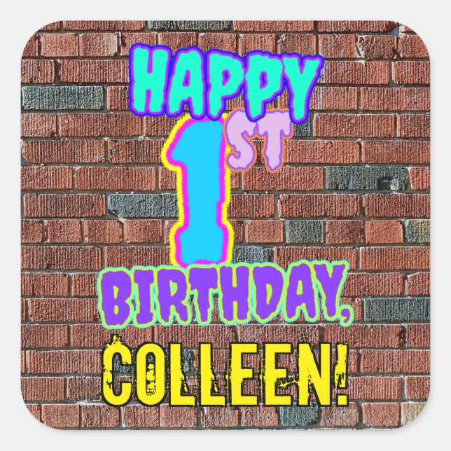 1st Birthday – Fun, Urban Graffiti Inspired Look Square Sticker (Front)