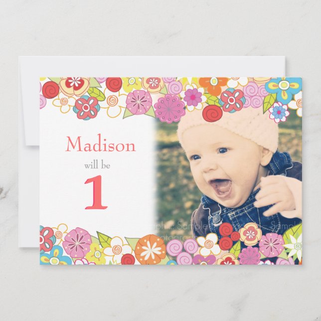 1st Birthday Garden Party Flowers Photo Invitation (Front)