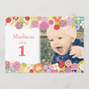 1st Birthday Garden Party Flowers Photo Invitation