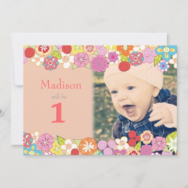 1st Birthday Garden Party Flowers Photo Invitation (Front)