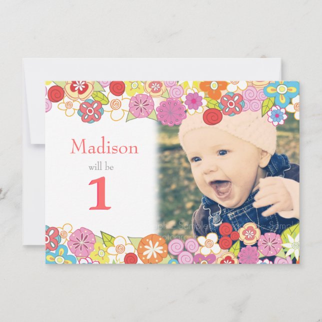 1st Birthday Garden Party Flowers Photo Invitation (Front)