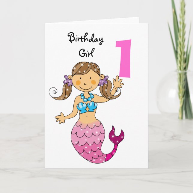 1st birthday gift for a girl, cute mermaid card (Front)