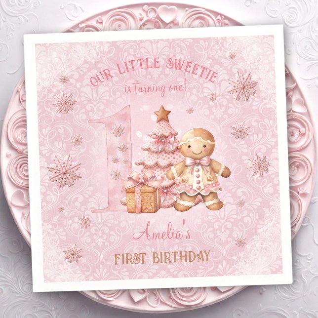 1st Birthday Gingerbread Man Girl Pink Christmas Napkin (1st Birthday Gingerbread Man Girl Pink Christmas Napkins)