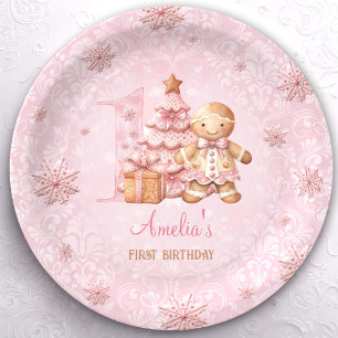 1st Birthday Gingerbread Man Girl Pink Christmas Paper Plate