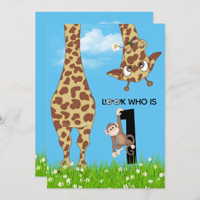1st Birthday Giraffe and Monkey in Grass   Invitation (Front/Back)