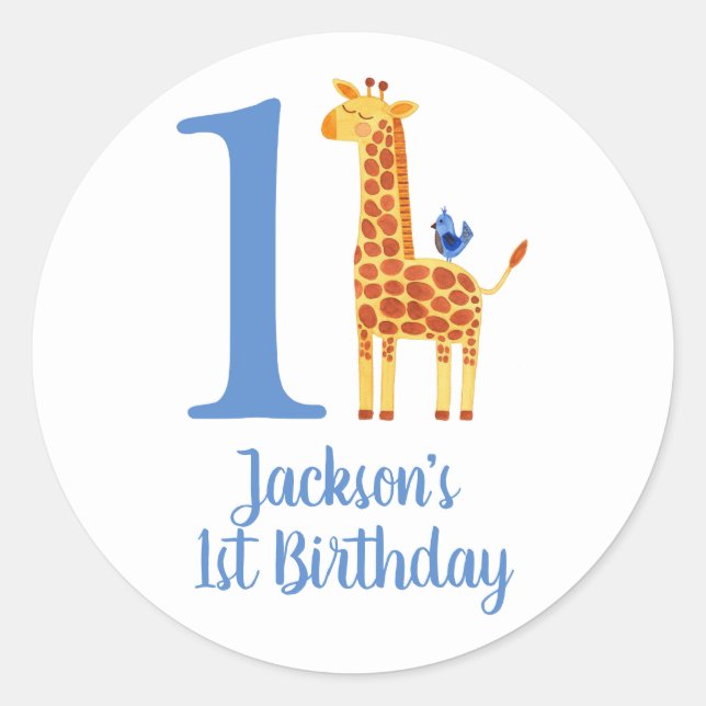 1st Birthday Giraffe & Bird Classic Round Sticker (Front)