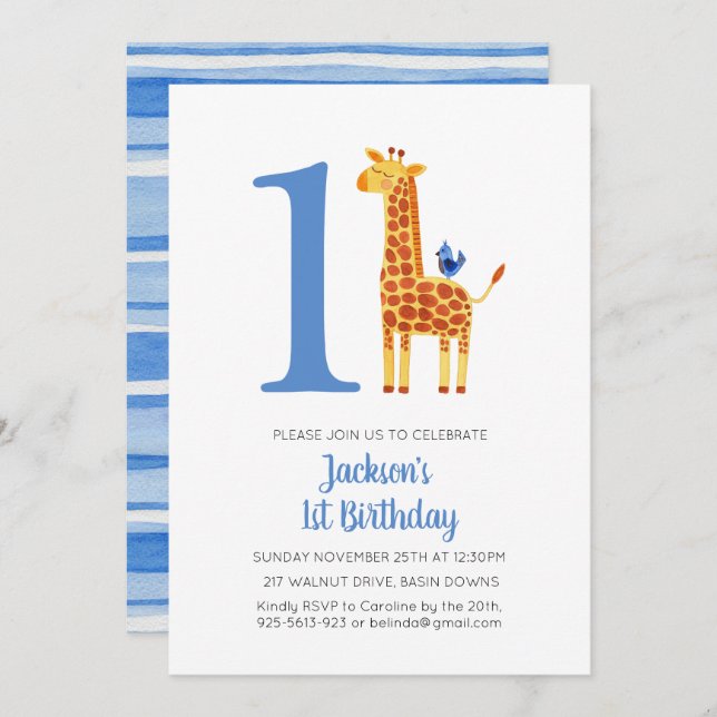 1st Birthday Giraffe & Bird Striped Party Invitation (Front/Back)